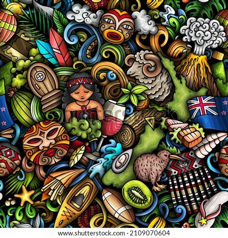 Cartoon doodles New Zealand seamless pattern. Backdrop with local culture symbols and items. Colorful background for print on fabric, textile, greeting cards, scarves, wallpaper