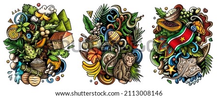 Suriname cartoon vector doodle designs set. Colorful detailed compositions with lot of traditional symbols. Isolated on white illustrations