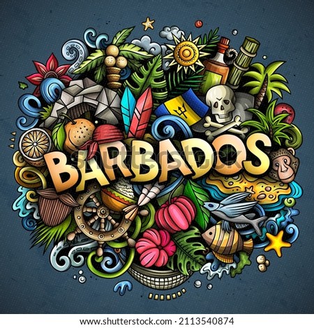 Barbados hand drawn cartoon doodle illustration. Funny barbadian design. Creative vector background. Handwritten text with North American Country elements and objects. Colorful composition