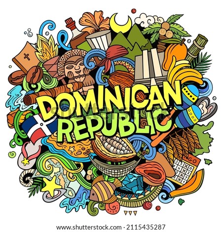 Dominican Republic hand drawn cartoon doodle illustration. Funny Dominicanian design. Creative vector background. Handwritten text with North American Country elements and objects. 