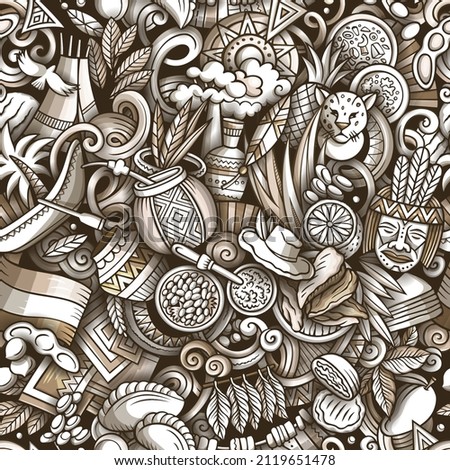 Cartoon doodles Paraguay seamless pattern. Backdrop with Latin American culture symbols and items. Monochrome background for print on fabric, textile, greeting cards, scarves, wallpaper