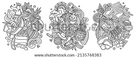 Paraguay cartoon vector doodle designs set. Sketchy detailed compositions with lot of traditional symbols. Isolated on white illustrations