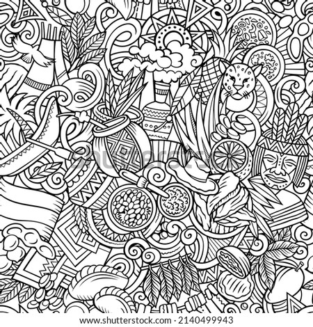 Cartoon doodles Paraguay seamless pattern. Backdrop with Latin American culture symbols and items. Sketchy background for print on fabric, textile, greeting cards, scarves, wallpaper