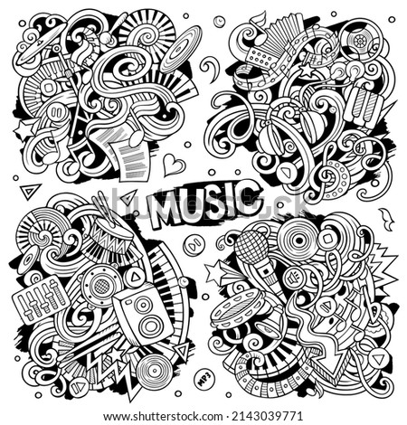 Music cartoon vector doodle designs set. Sketchy detailed compositions with lot of musical objects and symbols. All items are separate