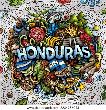 Honduras cartoon doodle illustration. Funny design. Creative vector background. Handwritten text with Honduran elements and objects. Colorful composition