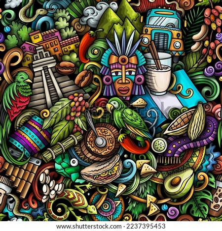 Cartoon doodles Guatemala seamless pattern. Backdrop with local Central America culture symbols and items. Colorful background for print on fabric, textile, greeting cards, scarves, wallpaper