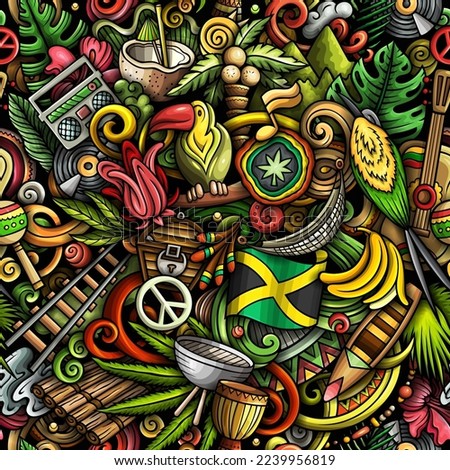 Cartoon doodles Jamaica seamless pattern. Backdrop with local Jamaican culture symbols and items. Colorful background for print on fabric, textile, greeting cards, scarves, wallpaper