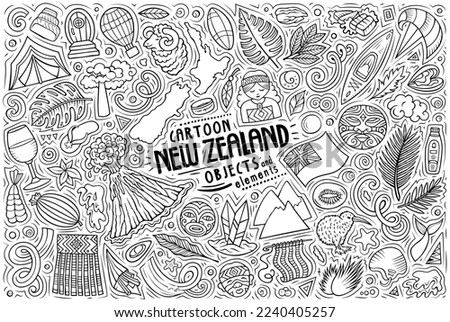 Cartoon vector doodle set of New Zealand traditional symbols, items and objects