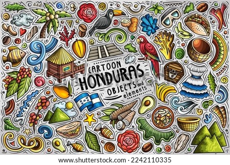 Cartoon vector doodle set of Honduras traditional symbols, items and objects