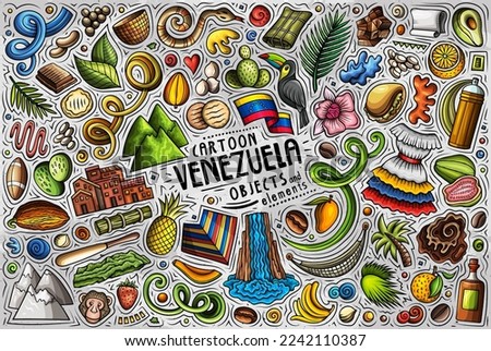 Cartoon vector doodle set of Venezuela traditional symbols, items and objects
