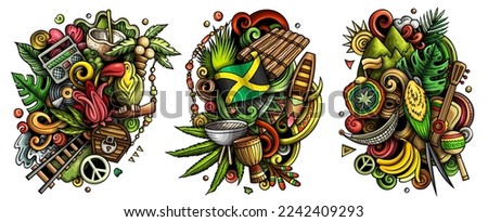 Jamaica cartoon vector doodle designs set. Colorful detailed compositions with lot of Jamaican objects and symbols. Isolated on white illustrations