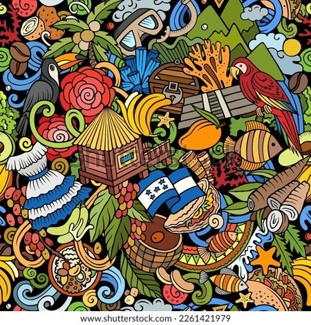 Cartoon doodles Honduras seamless pattern. Backdrop with local Honduran culture symbols and items. Colorful background for print on fabric, textile, greeting cards, scarves, wallpaper