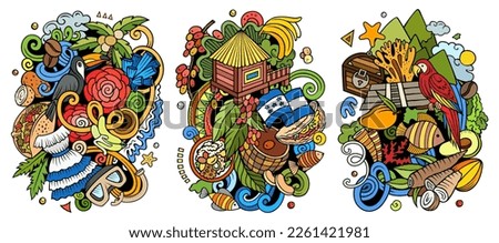 Honduras cartoon vector doodle designs set. Colorful detailed compositions with lot of Honduran objects and symbols. Isolated on white illustrations