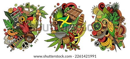 Jamaica cartoon vector doodle designs set. Colorful detailed compositions with lot of Jamaican objects and symbols. Isolated on white illustrations