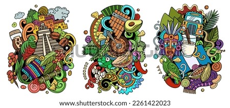 Guatemala cartoon vector doodle designs set. Colorful detailed compositions with lot of Caribbean objects and symbols. Isolated on white illustrations