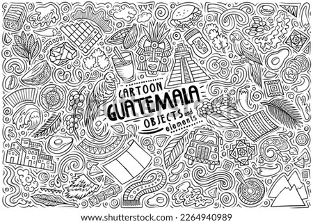 Cartoon vector doodle set of Guatemala traditional symbols, items and objects