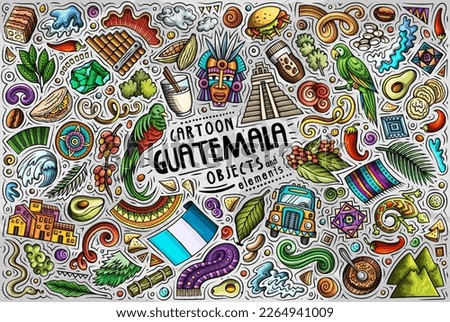 Cartoon vector doodle set of Guatemala traditional symbols, items and objects