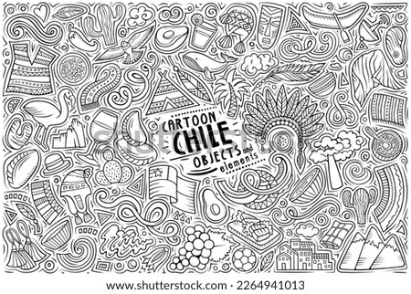 Cartoon vector doodle set of Chile traditional symbols, items and objects