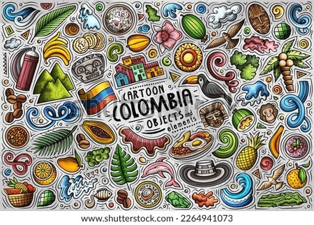 Cartoon vector doodle set of Colombia traditional symbols, items and objects