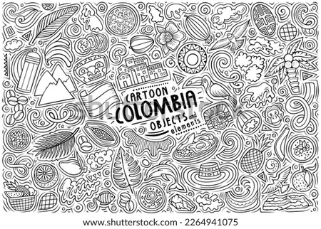 Cartoon vector doodle set of Colombia traditional symbols, items and objects