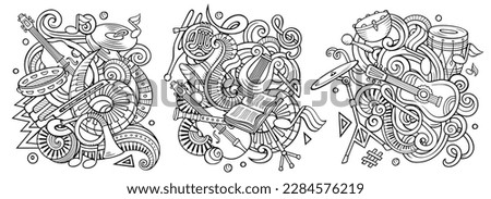 classical music cartoon vector doodle designs set. Sketchy detailed compositions with lot of musical objects and symbols