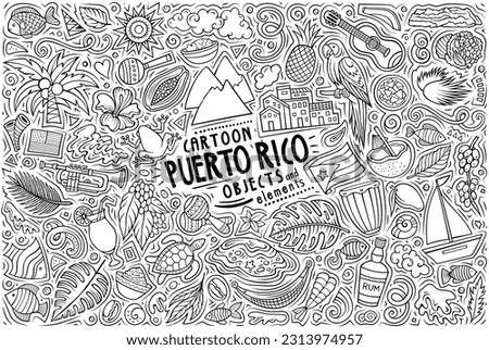 Cartoon vector doodle set of PUERTO RICO traditional symbols, items and objects