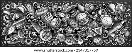 Fastfood hand drawn cartoon doodles illustration. Fast food funny objects and elements banner design. Creative art background. Monochrome vector mural