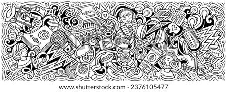 Cartoon vector Podcast doodle illustration features a variety of Audio Content objects and symbols. Skethcy whimsical funny picture.