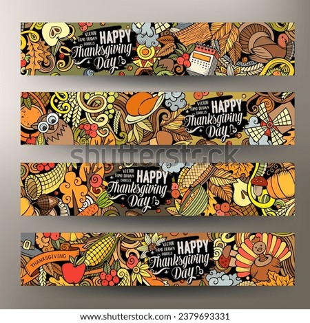 Cartoon cute colorful vector doodles Thanksgiving corporate identity. 2 banners design. Templates set. NOT AI