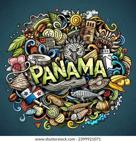 Vector funny doodle illustration with Panama theme. Vibrant and eye-catching design, capturing the essence of Central America culture and traditions through playful cartoon symbols