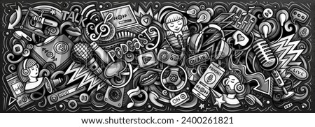 Cartoon vector Podcast doodle illustration features a variety of Audio Content objects and symbols. Monochrome whimsical funny picture.