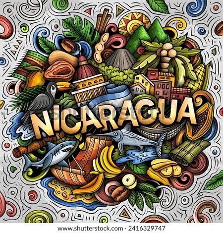 Vector funny doodle illustration with Nicaragua theme. Vibrant and eye-catching design, capturing the essence of Central America culture and traditions through playful cartoon symbols