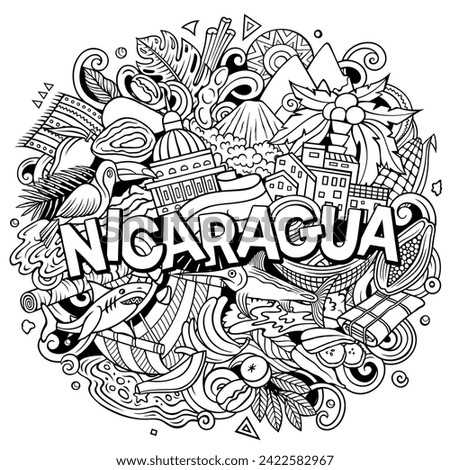 Vector funny doodle illustration with Nicaragua theme. Vibrant and eye-catching design, capturing the essence of Central America culture and traditions through playful cartoon symbols