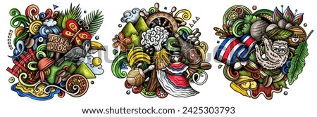 Costa Rica cartoon vector doodle designs set. Colorful detailed compositions with lot of Costa Rican objects and symbols. Isolated on white illustrations