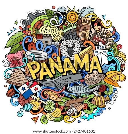 Vector funny doodle illustration with Panama theme. Vibrant and eye-catching design, capturing the essence of Central America culture and traditions through playful cartoon symbols