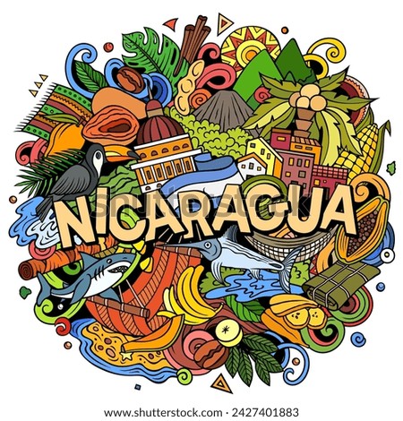 Vector funny doodle illustration with Nicaragua theme. Vibrant and eye-catching design, capturing the essence of Central America culture and traditions through playful cartoon symbols