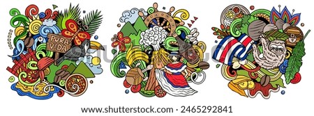 Costa Rica cartoon vector doodle designs set. Colorful detailed compositions with lot of Costa Rican objects and symbols. Isolated on white illustrations