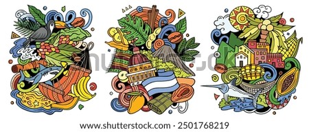 Nicaragua cartoon vector doodle designs set. Colorful detailed compositions with lot of Nicaraguan objects and symbols. Isolated on white illustrations