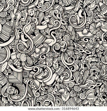 Cartoon hand-drawn Doodles on the subject of Latin American style theme seamless pattern. Contour background
