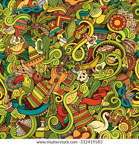 Cartoon hand-drawn doodles on the subject of Latin American style theme seamless pattern. Colorful vector background