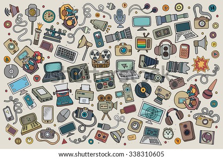 Color vector hand drawn Doodle cartoon set of equipment and devices objects and symbols