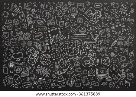 Vector chalkboard line art Doodle cartoon set of objects and symbols on the Social Media theme