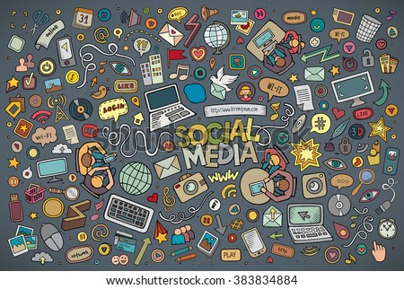 Vector hand drawn Doodle cartoon set of objects and symbols on the Social Media theme