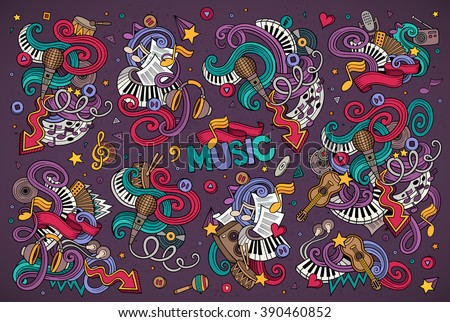 Colorful vector hand drawn Doodle cartoon set of objects and symbols on the music theme