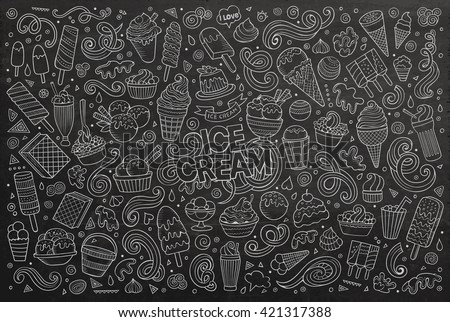 Line art chalkboard vector hand drawn doodle cartoon set of ice cream objects and symbols