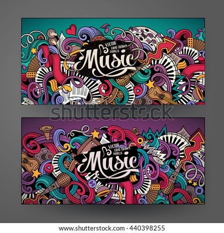 Cartoon colorful vector hand drawn doodles music corporate identity. 2 Horizontal banners design. Templates set