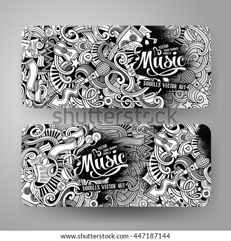 Cartoon line art vector hand drawn doodles music corporate identity. 2 Horizontal banners design. Templates set