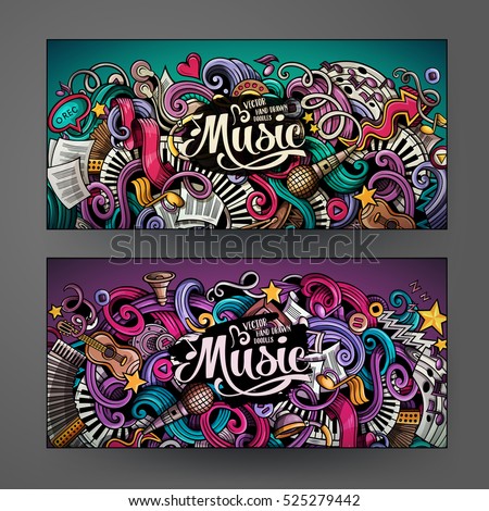 Cartoon colorful vector hand drawn doodles music corporate identity.2 horizontal banners design. Templates set