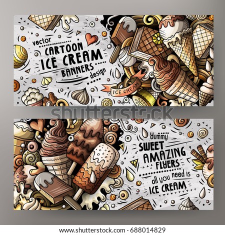 Cartoon cute colorful vector doodles ice cream corporate identity. 2 horizontal banners design detailed with lots of separated objects. Templates set