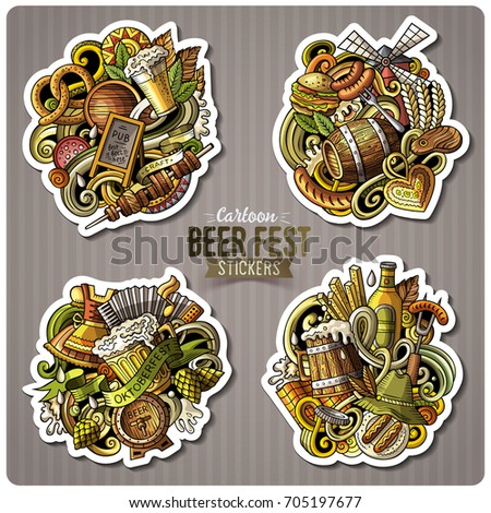 Set of Beer fest cartoon stickers. Vector hand drawn objects and symbols collection. Label design elements. Cute patches, pins, badges series. Comic style.